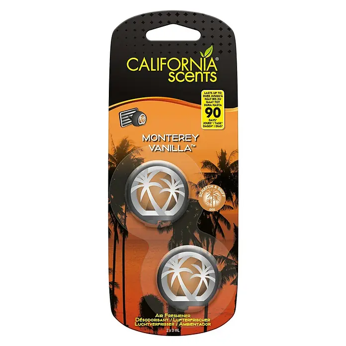 California Scents Autoduft Mini-Diffuser - Monterey Vanilla, 90 Tage, 2 Stk. - Kalifornien Düfte Monterey Vanille Lufterfrischer, sorgt für einen angenehmen Duft. Hält bis zu 90 Tage und erfrischt die Luft.