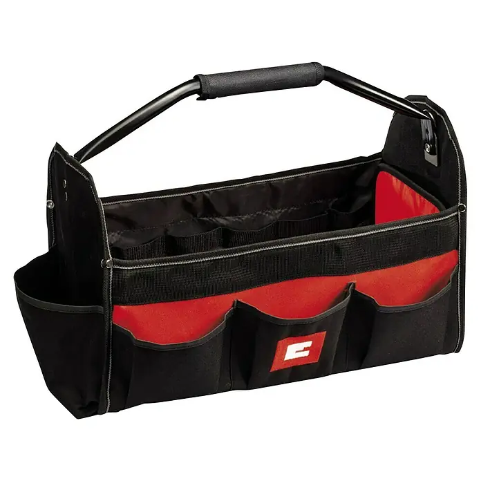 Einhell Amoladora angular eléctrica TC-AG 125/850 Kit - 850 W, Diámetro disco: 125 mm, Número de revoluciones de marcha en vacío: 12.000 r.p.m. - Un portaherramientas vacío y abierto hecho de textil negro con detalles en rojo, con un asa resistente para facilitar su transporte.