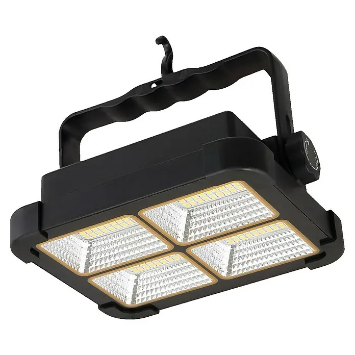 Globo Solar-LED-Strahler - 30 W, 2.000 lm, Lichtfarbe: Neutralweiß - Abbildung einer tragbaren, schwarzen LED-Arbeitsleuchte mit Griff und vier separaten LED-Panels, die helles Licht ausstrahlen.