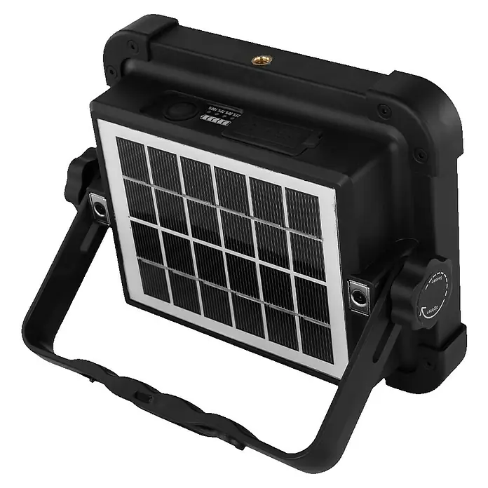 Globo Solar-LED-Strahler - 30 W, 2.000 lm, Lichtfarbe: Neutralweiß - Das Bild zeigt die Rückseite einer Solarlampe mit einem Solarpanel, das von einem robusten, schwarzen Rahmen umgeben ist. Die Lampe verfügt über einen Griff und Einstellvorrichtungen.