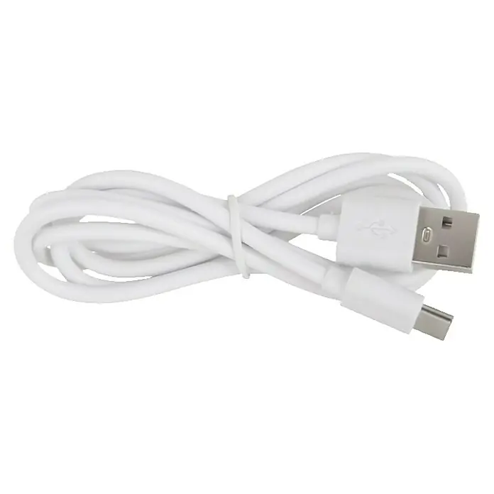 Globo Solar-LED-Strahler - 15 W, 1.000 lm, Lichtfarbe: Neutralweiß - Weißes USB-Kabel (USB-A zu USB-C) auf schwarzem Hintergrund, aufgewickelt und mit Kabelbinder fixiert.