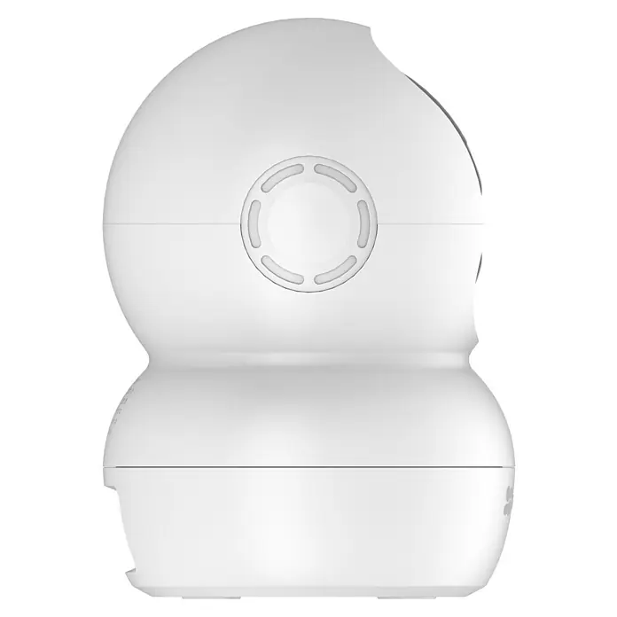EZVIZ Cámara de vigilancia TY2 con cobertura visual de 360° - Blanco, Ángulo de detección: 360 °, Alcance de detección: 10 m - Primer plano de una cámara de seguridad blanca con un diseño redondo y detalles circulares, diseñada para seguridad y vigilancia.