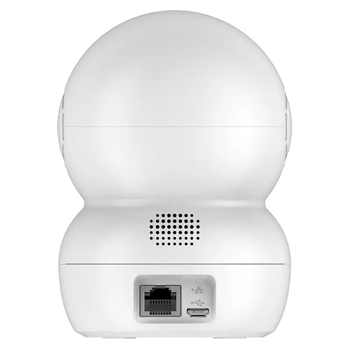 EZVIZ Cámara de vigilancia TY2 con cobertura visual de 360° - Blanco, Ángulo de detección: 360 °, Alcance de detección: 10 m - Vista trasera de una cámara de seguridad blanca que muestra puertos Ethernet y USB para una conectividad flexible.