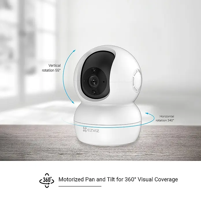EZVIZ Cámara de vigilancia TY2 con cobertura visual de 360° - Blanco, Ángulo de detección: 360 °, Alcance de detección: 10 m - Una cámara de seguridad EZVIZ blanca con giro e inclinación horizontal y vertical para una cobertura visual de 360°.