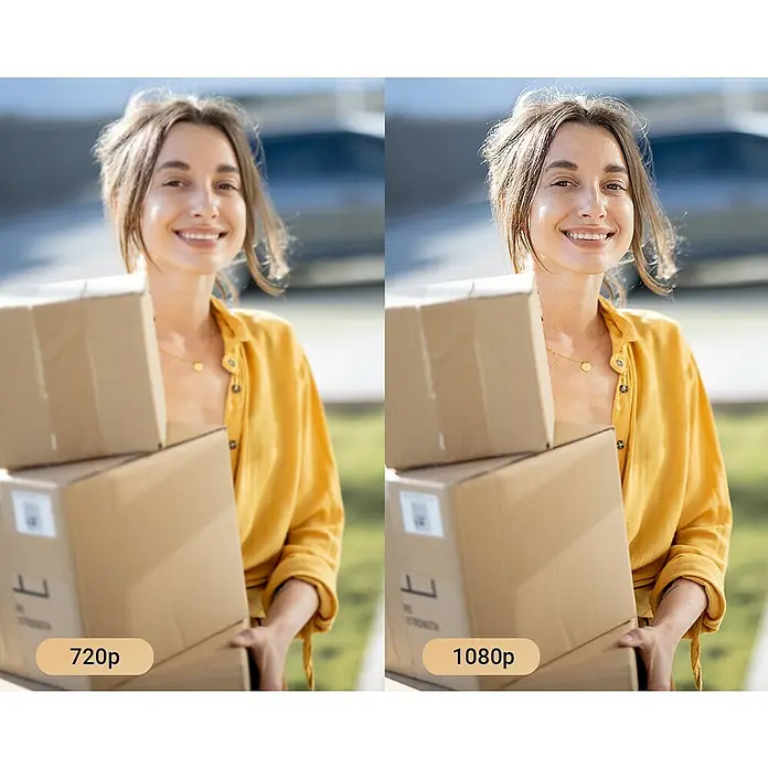 EZVIZ Mirilla digital DP2C - Gris - La imagen muestra la diferencia entre la resolución 720p y 1080p con una mujer sosteniendo cajas. Detalles más nítidos en 1080p.