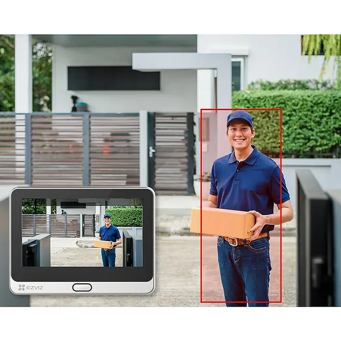 EZVIZ Mirilla digital DP2C - Gris - Timbre inteligente que muestra a repartidor con paquete. El timbre EZVIZ garantiza seguridad y comodidad en la entrega.