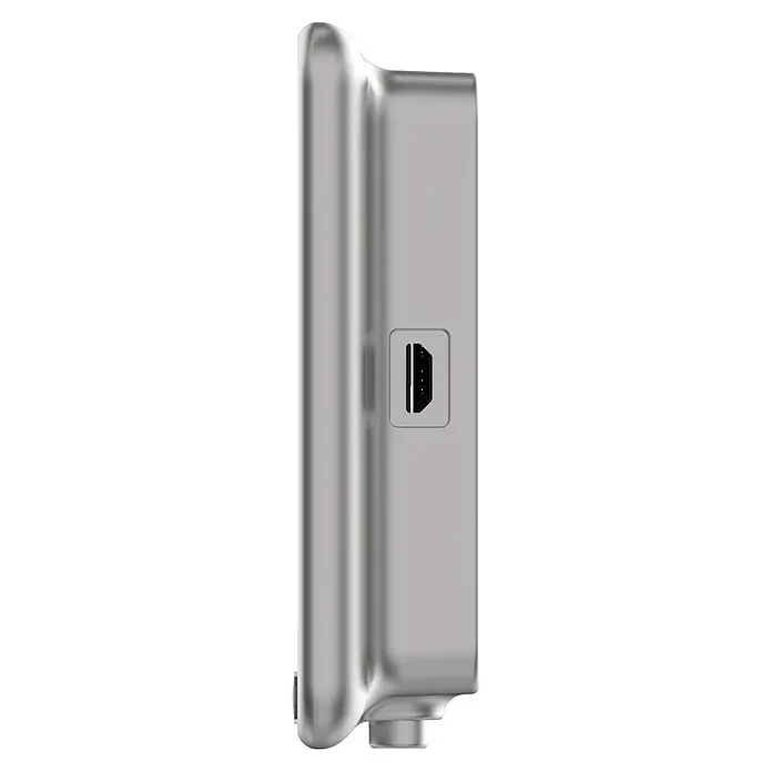 EZVIZ Mirilla digital DP2C - Gris - Vista lateral de un dispositivo plateado con puerto HDMI, mostrando su diseño elegante y moderno.