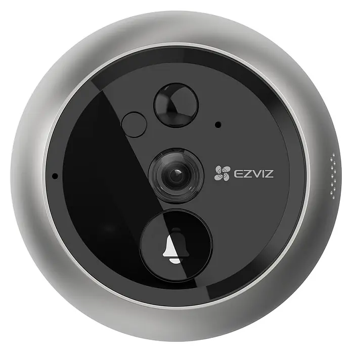 EZVIZ Mirilla digital DP2C - Gris - Un primer plano de una cámara de timbre EZVIZ, con un borde plateado y una cara negra con cámara, botón de timbre y el logotipo de EZVIZ.