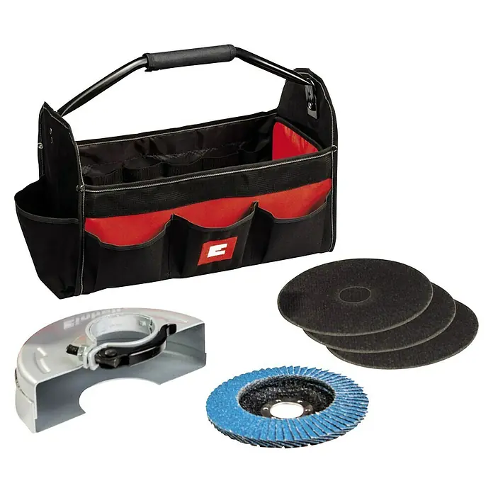 Einhell Amoladora angular eléctrica TC-AG 125/850 Kit - 850 W, Diámetro disco: 125 mm, Número de revoluciones de marcha en vacío: 12.000 r.p.m. - Bolsa de herramientas con discos de rectificado, protección y disco de láminas.