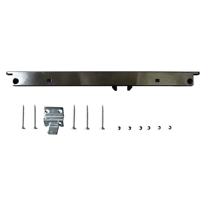 Eclisse Herraje para puerta corredera con sistema de retención de cierre - 253 mm, Capacidad de carga: 40 kg - Primer plano de un cierrapuertas plateado con tornillos, bisagras y tacos sobre un fondo negro.
