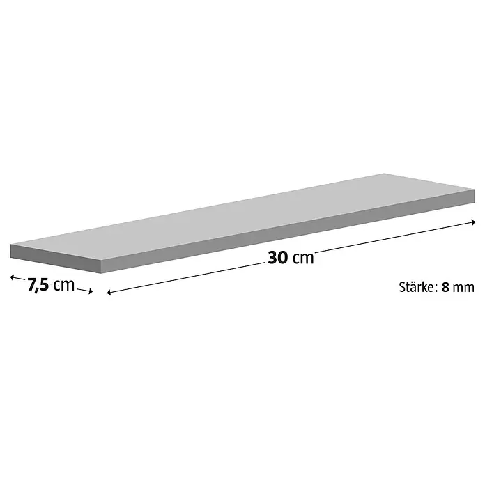 Modern Style Wandfliese Urban Blanco - 7,5 x 30 cm, Weiß, Glänzend - Abbildung eines 30 cm langen, 7,5 cm breiten und 8 mm dicken Regalbords.