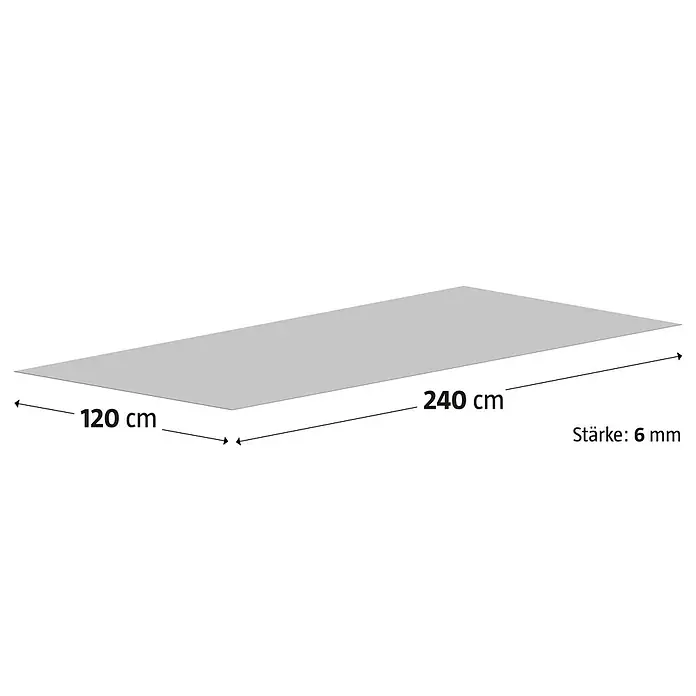 Feinsteinzeugfliese Luna Bianco - 120 x 240 cm, Weiß/Grau, Glänzend - Abbildung einer grauen Platte mit den Maßen 240 cm x 120 cm und einer Stärke von 6 mm, die die Abmessungen des Produkts zeigt.