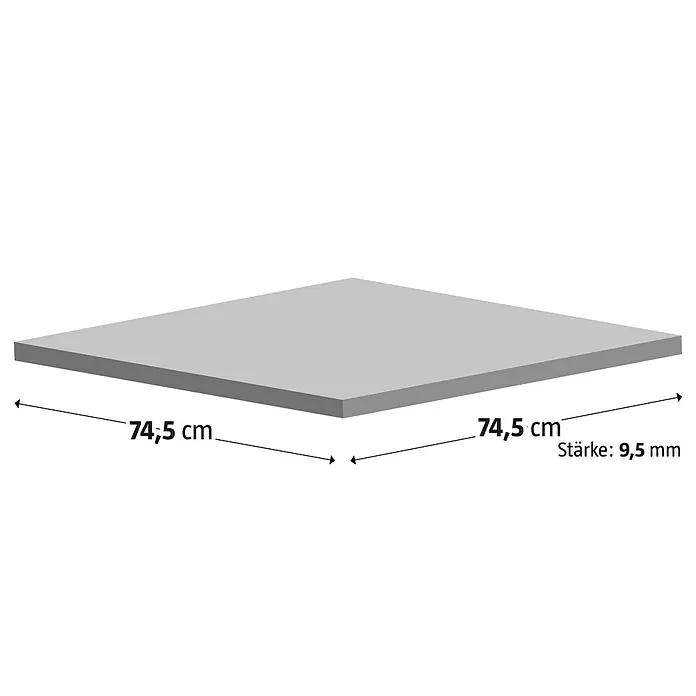 Feinsteinzeugfliese One - 74,5 x 74,5 cm, Grau, Schimmernd - Abbildung einer grauen quadratischen Fliese mit den Maßen 74,5 cm x 74,5 cm und einer Stärke von 9,5 mm.
