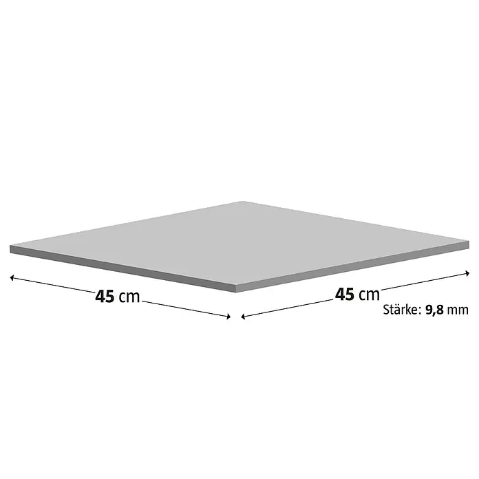 Steingutfliese Colonial - 45 x 45 cm, Beige, Glänzend - Abbildung einer quadratischen Platte, 45 x 45 cm, mit einer Stärke von 9,8 mm. Sie ist in hellem Grau gehalten und schwebend dargestellt.