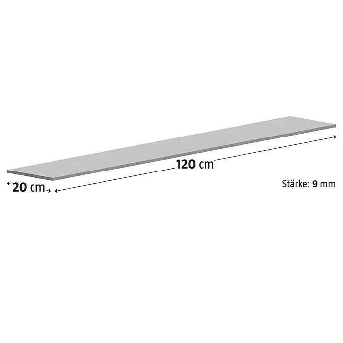 Feinsteinzeugfliese Betulla - 20 x 120 cm, Braun, Matt - Abbildung einer grauen Regalplatte mit den Maßen 120 cm Länge, 20 cm Breite und 9 mm Stärke zur Produktinformation.