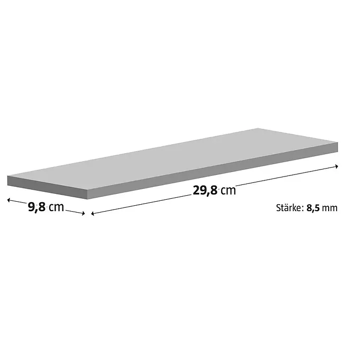 Modern Style Wandfliese Emotion Branco 500 - 9,8 x 29,8 cm, Weiß, Glänzend - Produktbild einer grauen Holzplatte mit den Maßen 29,8 x 9,8 cm und einer Stärke von 8,5 mm.
