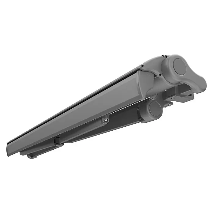 SM Hülsenmarkise REC-196 - Hellgrau, Farbe Gestell: Weißaluminium, Breite: 5 m, Ausfall: 3 m - Diagonale Ansicht