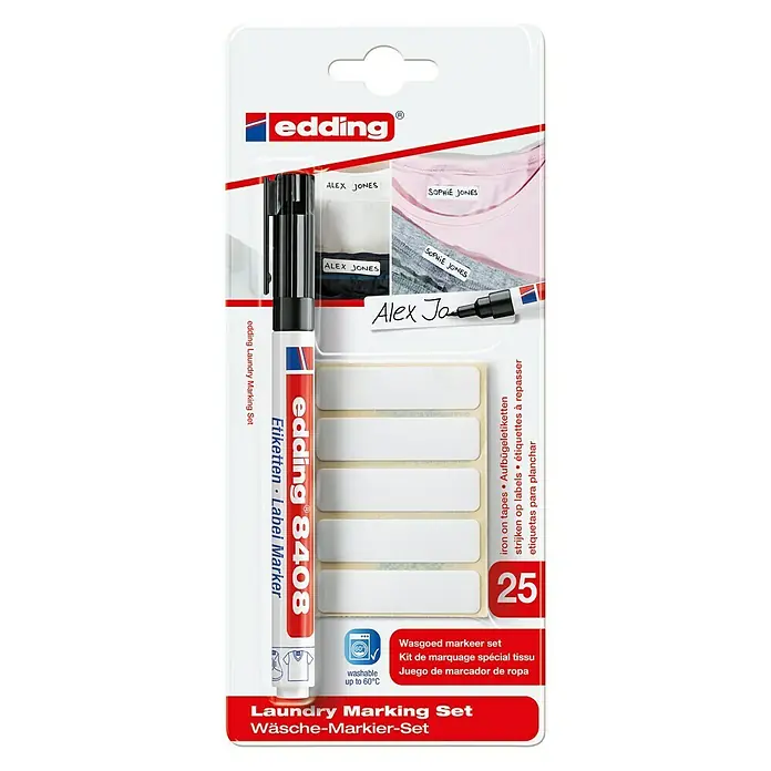 Edding Wäschemarker 8408 - Strichstärke: 0,75 mm, Schwarz - Edding 8408 Wäschemarkier-Set mit Bügeletiketten und speziellem Textilstift zum dauerhaften Beschriften von Kleidung und Textilien.
