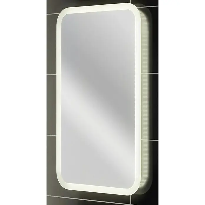 Camargue Stella K welcome LED-Lichtspiegel - 45 x 73 cm, LED - Elegantes, rechteckiges LED-beleuchtetes Badezimmerspiegel mit abgerundeten Ecken, das moderne Design und funktionale Beleuchtung vereint.