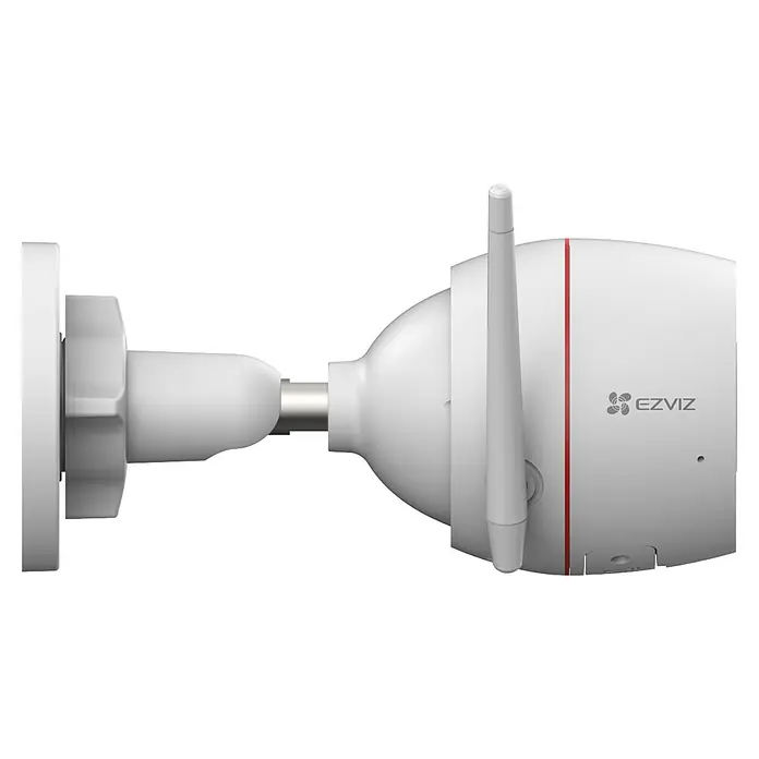 EZVIZ Überwachungskamera H3C R100 2K - Nachtsichtreichweite: 30 m - Nahaufnahme einer weißen EZVIZ-Überwachungskamera mit Antenne und rotem Akzent auf schwarzem Hintergrund.