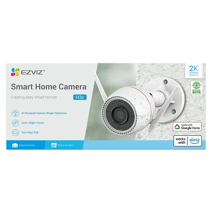 EZVIZ Überwachungskamera H3C R100 2K - Nachtsichtreichweite: 30 m - Das Bild zeigt eine EZVIZ H3c Smart Home Kamera, die hochauflösende 2K-Videos liefert und mit Google Home sowie Alexa kompatibel ist.