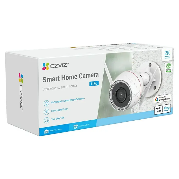 EZVIZ Cámara de vigilancia H3C 2K - Blanco, Ángulo de detección: 98 °, Alcance de detección: 30 m - Caja de la cámara inteligente para el hogar EZVIZ H3c, una cámara de vigilancia inteligente para uso en interiores y exteriores, con resolución 2K.