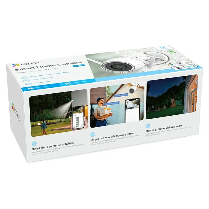 EZVIZ Überwachungskamera H3C R100 2K - Nachtsichtreichweite: 30 m - Nahaufnahme der Verpackung der EZVIZ H3c Smart Home Kamera, die Funktionen wie KI-gestützte Formerkennung und Zwei-Wege-Kommunikation hervorhebt.