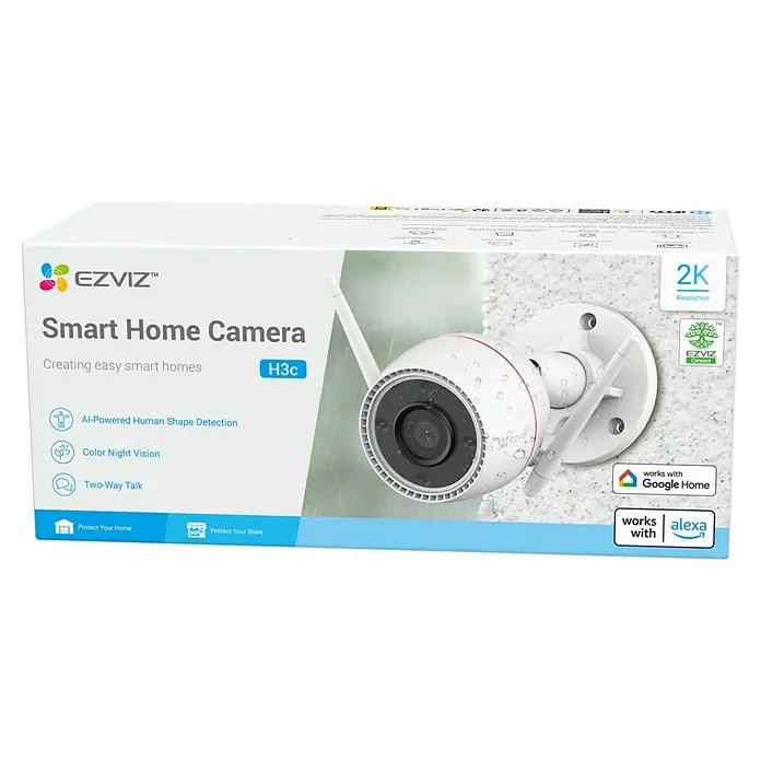 EZVIZ Überwachungskamera H3C R100 2K - Nachtsichtreichweite: 30 m - Eine EZVIZ H3c Smart Home Kamera in der Verpackung, mit 2K Auflösung, Nachtsicht in Farbe und Zwei-Wege-Gesprächsfunktion.