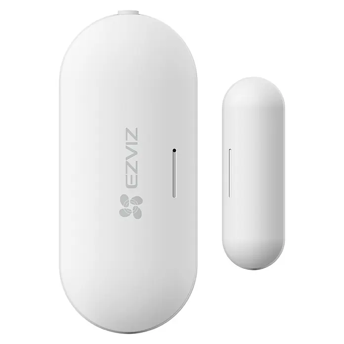 EZVIZ Pack de seguridad Smart Home A3 - 4 pzs., ZigBee 3.0 - La imagen muestra un sensor de puerta y ventana EZVIZ en blanco, que consta de dos partes para controlar las aperturas.