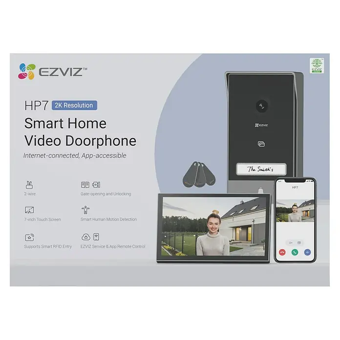 EZVIZ Farb-Video-Türsprechanlage HP7 - 2-Draht-Technik, Bildschirmgröße: 7 ", 1.024 x 600 Pixel - Produktbild des EZVIZ HP7 Smart Home Video Doorphone mit 2K Auflösung, mit App-Steuerung, RFID-Entry und Touchscreen.