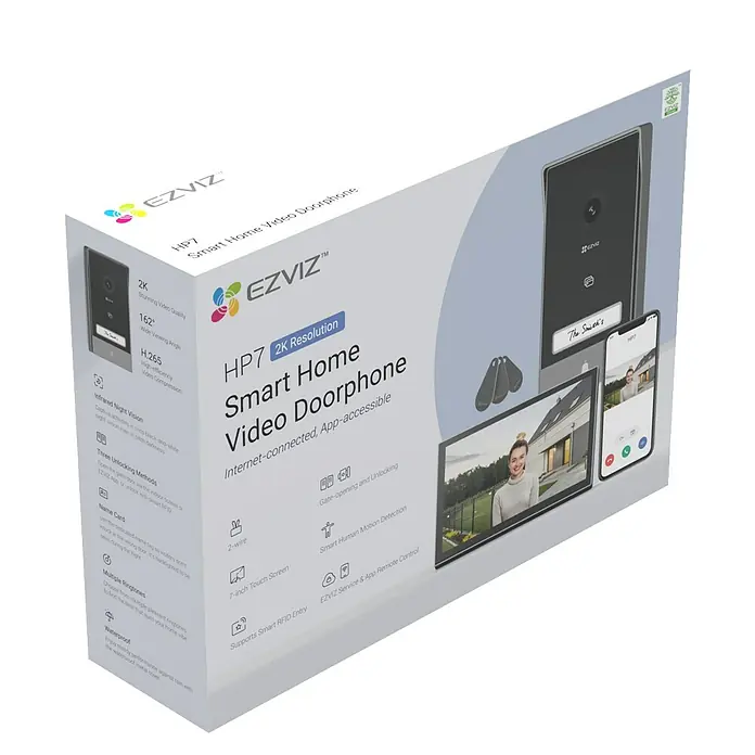 EZVIZ Farb-Video-Türsprechanlage HP7 - 2-Draht-Technik, Bildschirmgröße: 7 ", 1.024 x 600 Pixel - Produktverpackung für die smarte EZVIZ HP7 2K-Video-Türklingel mit Funktionen wie Nachtsicht, Fernbedienung und Bewegungserkennung.