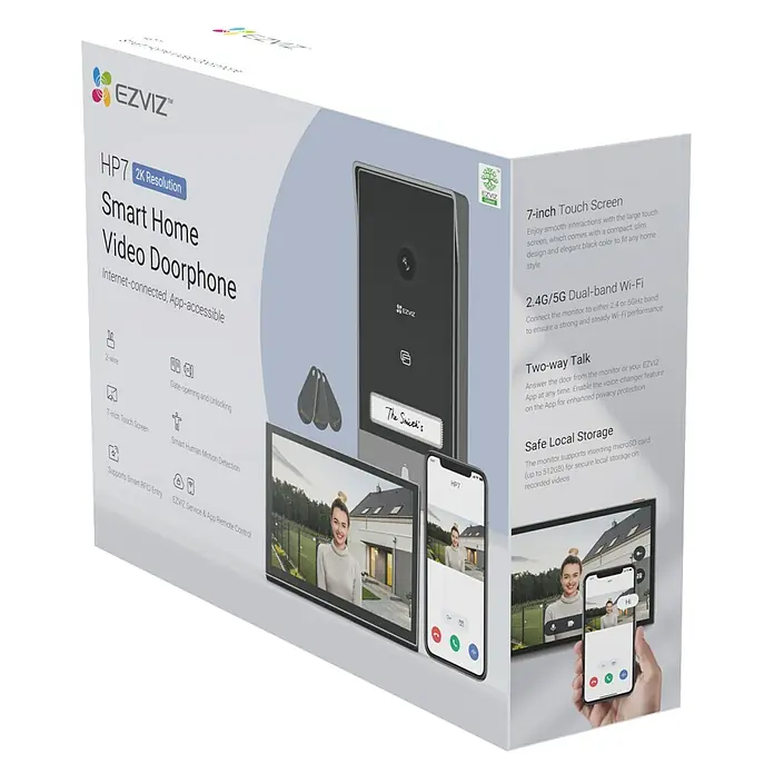 EZVIZ Farb-Video-Türsprechanlage HP7 - 2-Draht-Technik, Bildschirmgröße: 7 ", 1.024 x 600 Pixel - Das EZVIZ HP7 Smart Home Video Türsprechanlage-Set bietet 2K-Auflösung, App-Steuerung und komfortable Funktionen für ein sicheres Zuhause.