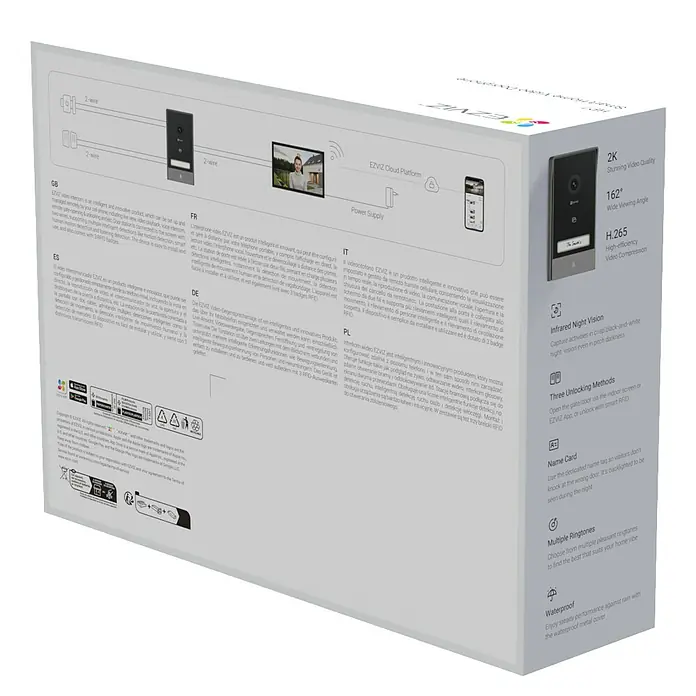 EZVIZ Farb-Video-Türsprechanlage HP7 - 2-Draht-Technik, Bildschirmgröße: 7 ", 1.024 x 600 Pixel - Bild der Verpackung des EZVIZ-Video-Türsprechanlagensystems mit Funktionen wie Nachtsicht und wetterfestem Design.