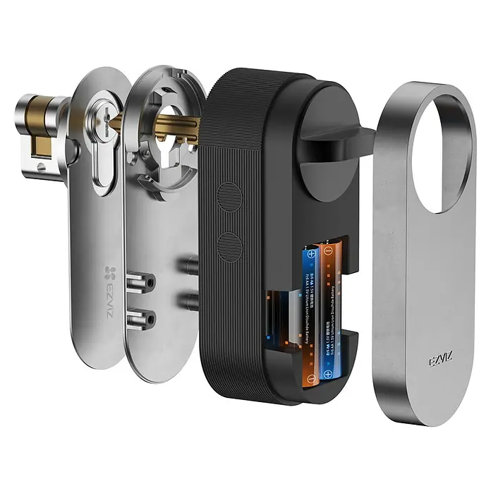 EZVIZ Cerradura electrónica DL01S - Apto para: Puerta, 4 baterías - Primer plano de una cerradura inteligente EZVIZ despiezada, que muestra los componentes internos y las baterías.