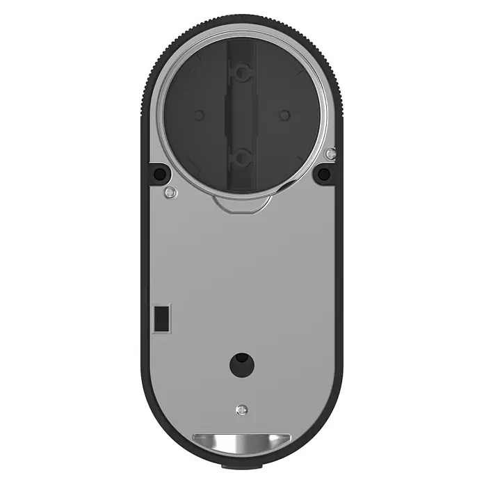 EZVIZ Cerradura electrónica DL01S - Apto para: Puerta, 4 baterías - Primer plano de una vista interior de cerradura inteligente plateada y negra, que combina tecnología moderna y seguridad para el hogar.