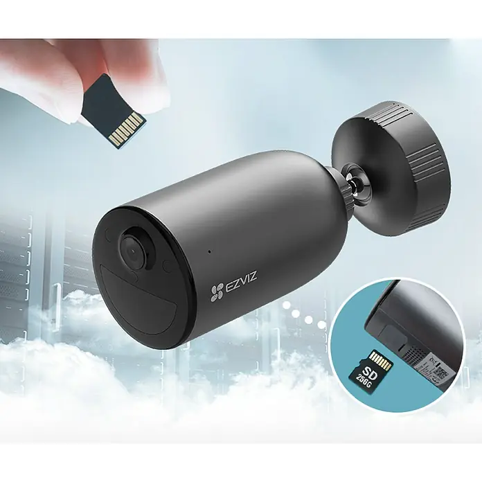 EZVIZ Cámara de vigilancia EB3 - Negro - Imagen de producto de una cámara de seguridad EZVIZ gris ampliada con una tarjeta SD para almacenamiento local.