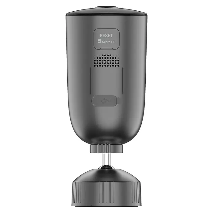 EZVIZ Cámara de vigilancia EB3 - Negro - Primer plano de una cámara de seguridad gris, con botón de reinicio, ranura para tarjeta Micro SD, altavoz y puerto USB.