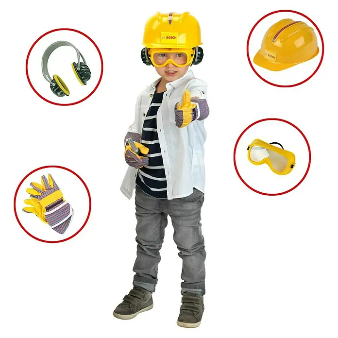 Klein Bosch Kinder-Werkbank - Licht- & Toneffekte - Kinder-Bauhelm-Set von Bosch mit Schutzbrille, Handschuhen und Kopfhörern für sicheres und fantasievolles Spielen.