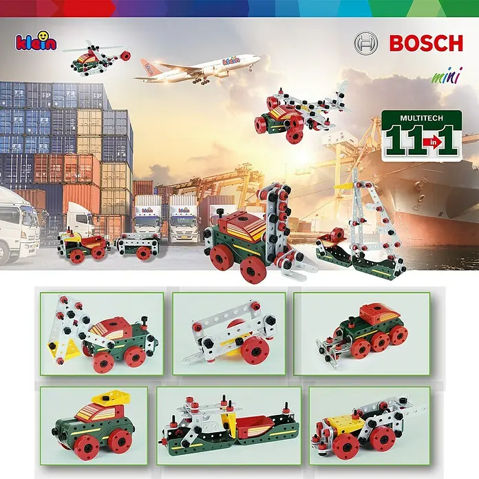Klein Bosch Kinder-Werkbank - Licht- & Toneffekte - Bosch Mini Multitech 11-in-1 Bausatz. Entdecke 11 verschiedene Modelle zum Bauen, inklusive Flugzeug und Kranwagen, für kreativen Spielspaß.
