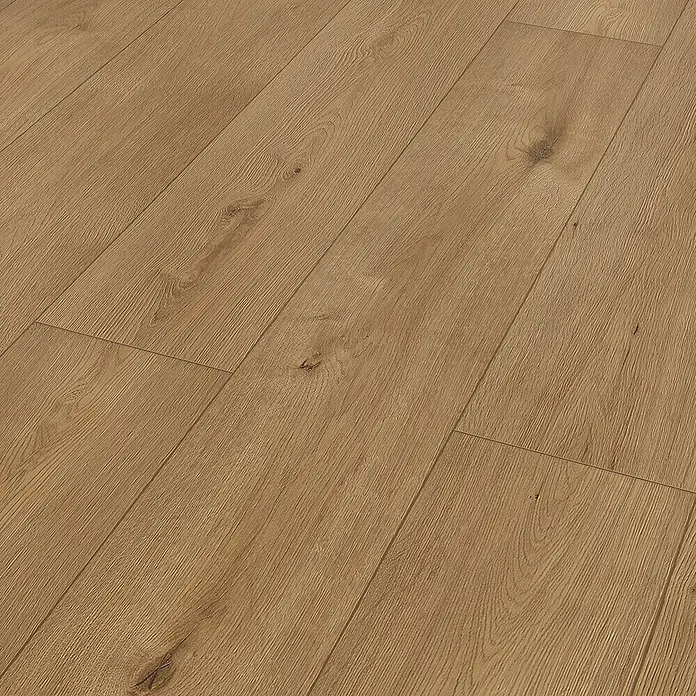Classen Designboden Pro Nature - Barrow, Landhausdiele, 1.290 x 203 x 4 mm - Nahaufnahme von Eichenlaminatboden, der natürliche Maserung und warme Farbtöne zeigt, perfekt für ein gemütliches Interieur.