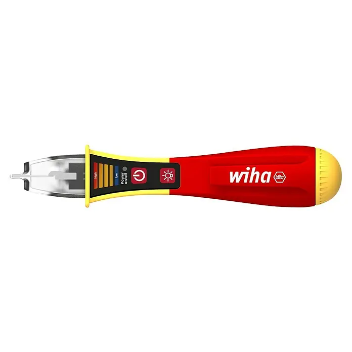 Wiha Kontaktloser Spannungsprüfer 44309 - Messbereich Wechselspannung: 12 V - 1.000 V, Messkategorie: CAT IV 1.000 V - Wiha Voltage Detector mit rotem Griff und gelben Akzenten zur spannungsfreien Prüfung elektronischer Geräte.
