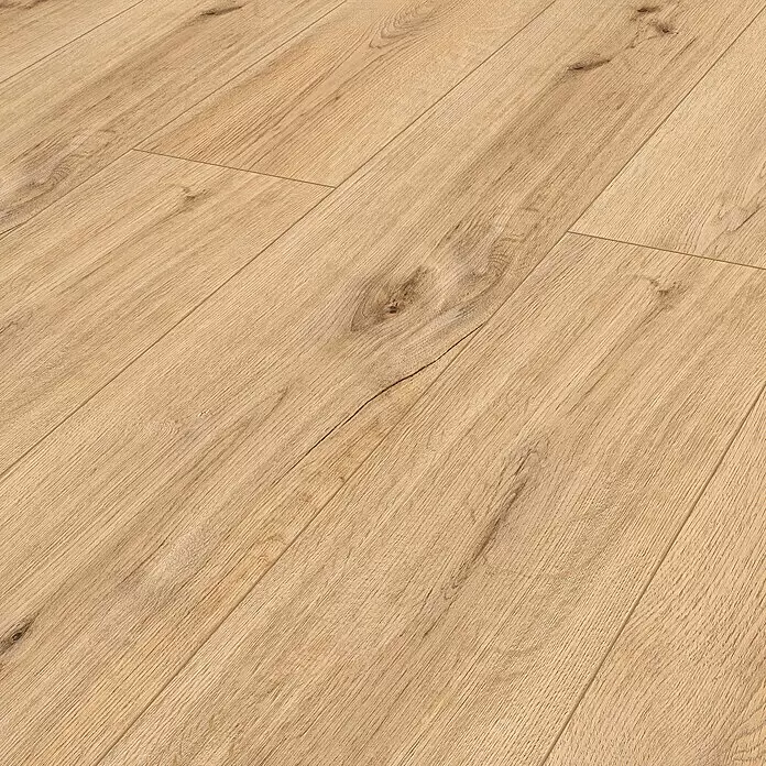 Classen Designboden Pro Nature - Barranquilla, Landhausdiele, 1.290 x 246 x 4 mm - Hellbrauner Laminatboden mit sichtbarer Maserung und Ästen.