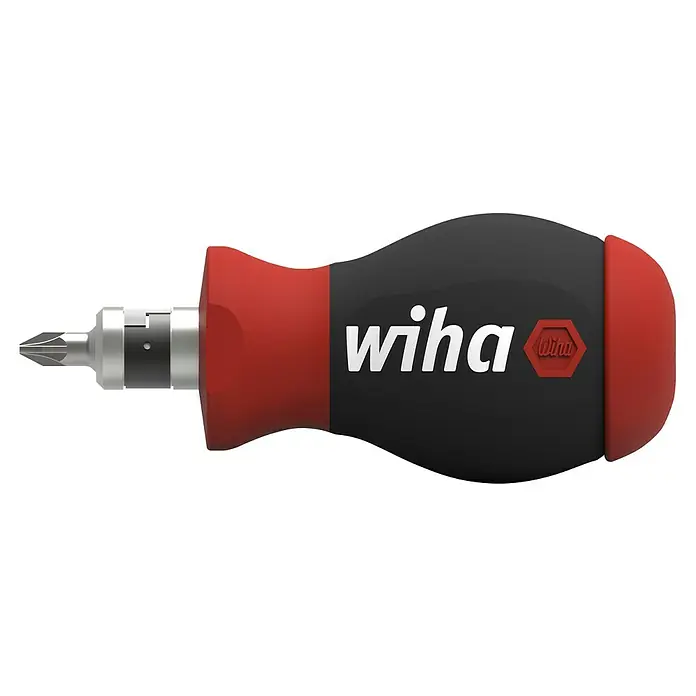 Wiha Schraubendreher-Set Stubby - 9 -tlg., Bitdepot - Nahaufnahme eines Wiha Stubby-Schraubendrehers mit schwarzem Griff und rotem Ende, ideal für Arbeiten auf engstem Raum.