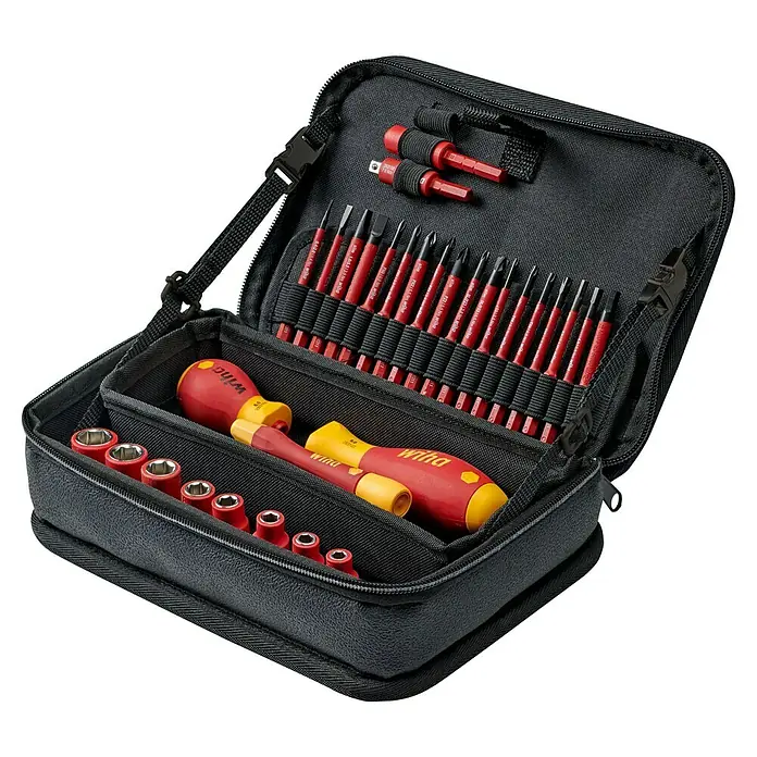 Wiha Set de destornilladores slimVario electric - 32 pzs. - Maletín de herramientas abierto con destornilladores, enchufes y accesorios Wiha, ideal para electricistas y profesionales.