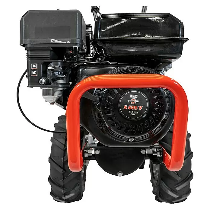 Güde Benzin-Bodenhacke GF 420-4.1 - 4,1 kW, 4-Takt - Frontansicht eines schwarzen Motorfräsenmotors mit markantem roten Schutzbügel, beschriftet mit „S 635 V“ und „212 ccm OHV“.