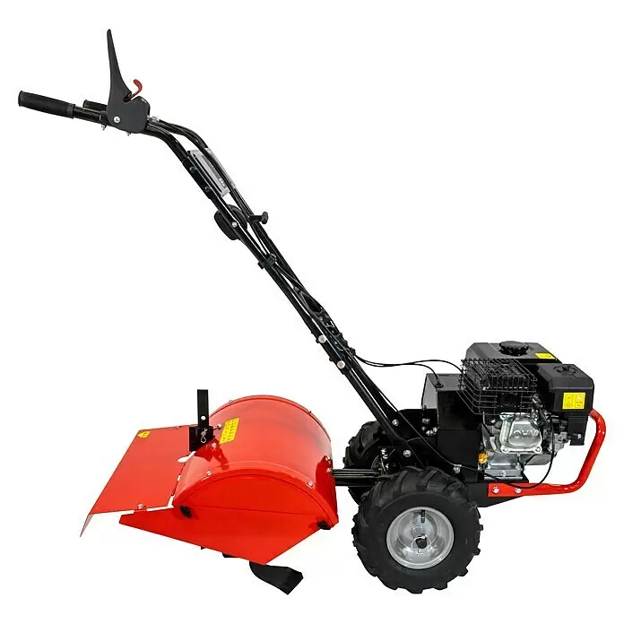 Güde Benzin-Bodenhacke GF 420-4.1 - 4,1 kW, 4-Takt - Rote und schwarze Gartenfräse, ein motorisiertes Gerät zur Bodenbearbeitung mit Motor, Rädern und Griffen.