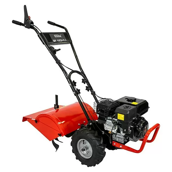 Güde Benzin-Bodenhacke GF 420-4.1 - 4,1 kW, 4-Takt - Rote und schwarze Motorhacke mit Motor, zwei Rädern und verstellbaren Griffen.