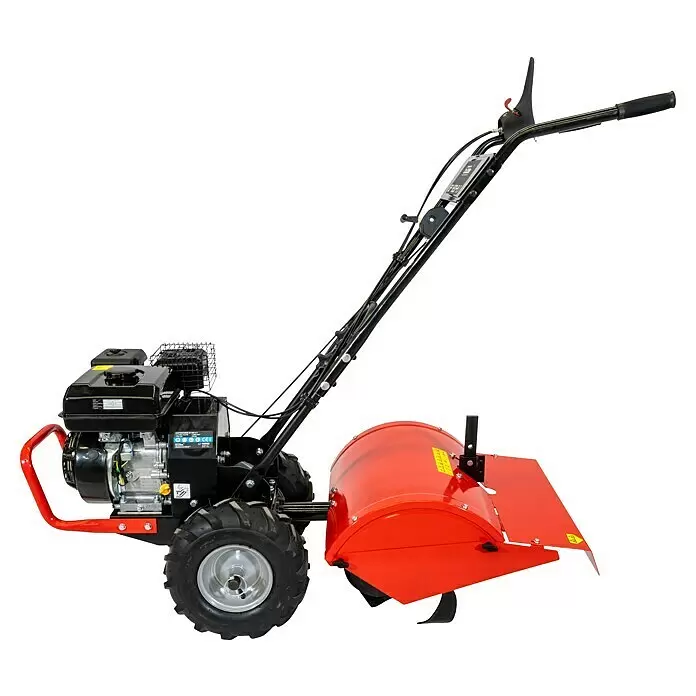 Güde Benzin-Bodenhacke GF 420-4.1 - 4,1 kW, 4-Takt - Rote und schwarze Gartenfräse mit Motor, Griffen, Rädern und rotierenden Hackmessern zur Bodenbearbeitung.
