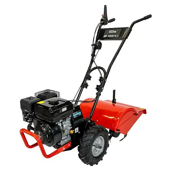 Güde Benzin-Bodenhacke GF 420-4.1 - 4,1 kW, 4-Takt - Rote und schwarze Motorhacke zur Bodenbearbeitung, mit robusten Rädern und Motor.