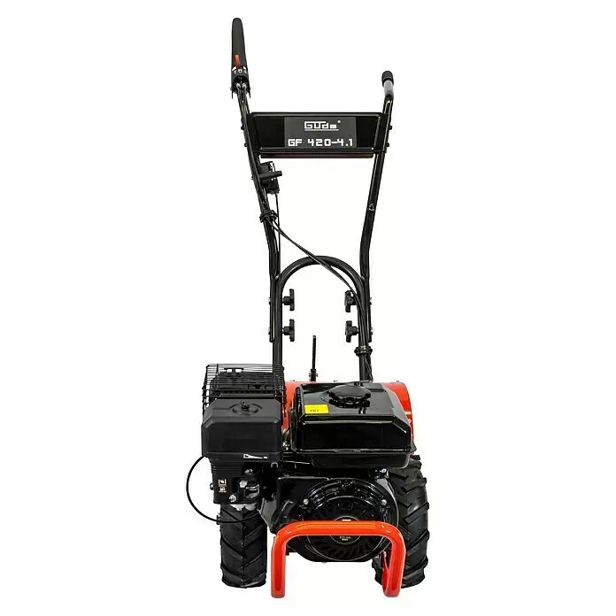 Güde Benzin-Bodenhacke GF 420-4.1 - 4,1 kW, 4-Takt - Ein schwarz-roter Motorhacke mit großen Traktionsrädern und ergonomischem Bedienhebel.